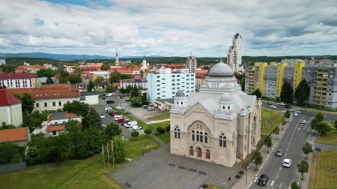 Drone view of the synagogue in Lucenec, Slovakia Stock Footage 309789877