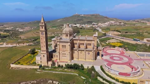 Drone view of Ta' Pinu Basilica in Gozo amid rural Maltese countryside Video stock 341386555