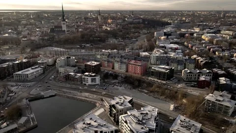 Drone view Tallin Estonia rooftops at sunrise Stock Footage 259219670