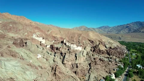 Drone view of Terraced Stone budda temple Carved In Cliff Overlooking Expansive 库存影片 339340757