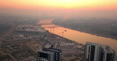 Drone view of thick smog over Belgrade's waterfront and bridges Stock Footage 166029617
