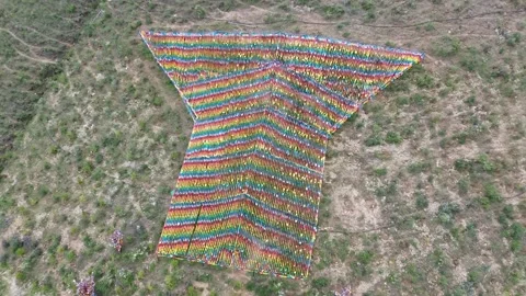 Drone view of Tibetan prayer flags in Tibet Stock Footage 314208227