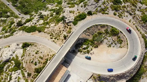 Drone View of the "Tie Knot" on Sa Calobra Road in Mallorca Stock Footage 280098828
