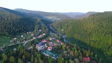 Drone view of the tiny town in the mountains Stock Footage 116024191