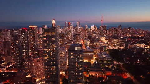 Drone view of Toronto's nighttime skyline. City lights at night.  Stock Footage 323110870