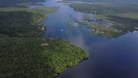 Drone View of a Traditional River Boat Navigating a Rio Negro -Amazon, Brazil Stock Footage 336911376