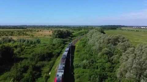 Drone view of a train leaving into the distance in a summer landscape Video stock 201065939