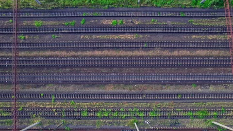 Drone view of train track parallel each one Stock Footage 159158549