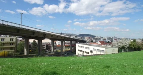 Drone view of a tramway (Clermont-Ferrand, Puy de Dôme) Stockbeeldmateriaal 131842457