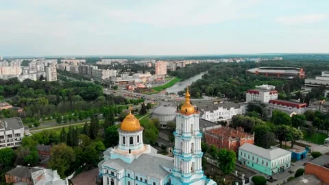 Drone view of the Transfiguration Cathedral in Sumy, Ukraine Stock Footage 333037315