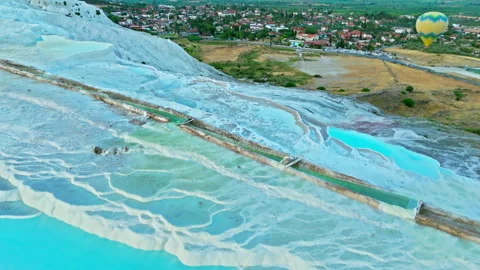 Drone view of Travertines of Pamukkale, Turkey. Stock Footage 335156087