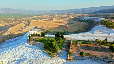 Drone view of Travertines of Pamukkale, Turkey. Stock Footage 335156911