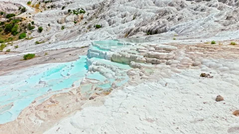 Drone view of Travertines of Pamukkale, Turkey. Stock Footage 335159383