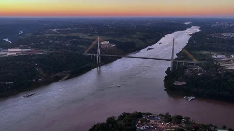 Drone View of the Triple Frontier and Integration Bridge in Evening Light Stock Footage 342274727