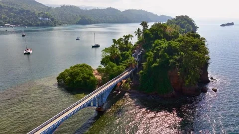 Drone view of a tropical island surrounded by ocean on a sunny day. Video stock 331840757