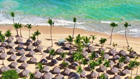 A drone view of a tropical resort beach on the Caribbean coast. Vidéo 329745014