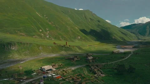 Drone View of Truso Valley with Abandoned Village and Fortress between Green 動画素材 333096584