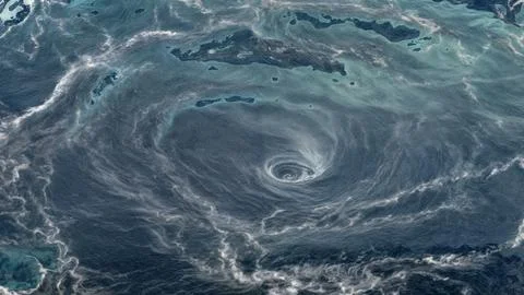 Drone view of a turbulent ocean surface with swirling patterns of white foam Stock Illustration