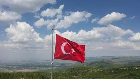 Drone view of turkish flag waving in forest and cloudy sky Stock Footage 232328287