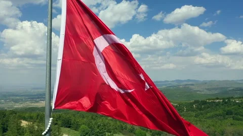 Drone view of turkish flag waving in forest and cloudy sky Stock Footage 232328387