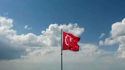 Drone view of turkish flag waving in forest and cloudy sky 스톡 동영상 232328585