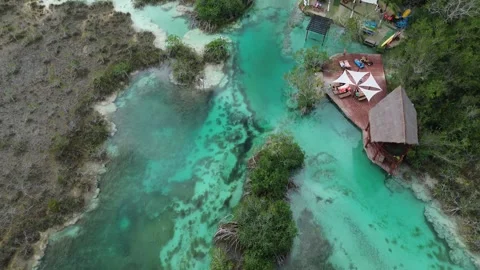 Drone view of the turquoise waters and natural currents ok los rapidos, Bacalar Stock Footage 331519734