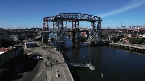 Drone View of the Two Bridges in La Boca over the Riachuelo River, Buenos Aires Stock Footage 316335575