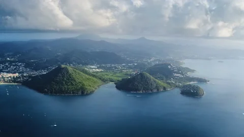 Drone view of two mountains on the shore, yachts sail (Saint Lucia) Video stock 131996023