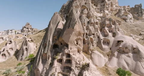 A Drone View of Uchisar Castle Unveiling Cappadocia, Türkiye's Honeycomb Stock Footage 251986449
