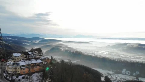 Drone view from Uetliberg with steel framework tower and restaurant on top .. Stock Footage 231231702