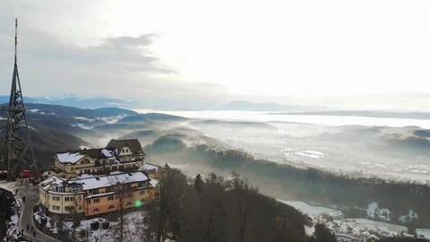 Drone view from Uetliberg with steel framework tower and restaurant on top .. Stock Footage 231231709