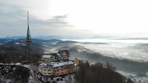 Drone view from Uetliberg with steel framework tower and restaurant on top .. Stock Footage 231232622