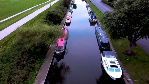 Drone View of a UK Canal; Fly Over Sunrise Stock Footage 138507501
