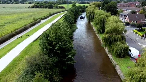Drone View of a UK Canal; Fly Over Countryside Stock Footage 138507650