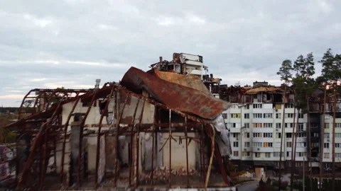 Drone View of Ukraine War Destroyed Buildings in Irpin, Kyiv Region Vídeos de archivo 228792177