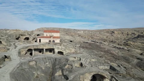 Drone view of Uplistsikhe cave town near Gori, Georgia Stock Footage 273788531