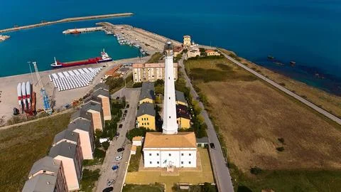 Drone view of Vasto harbor with lighthouse, church Pennaluce, port faciliti.. Stock Photos