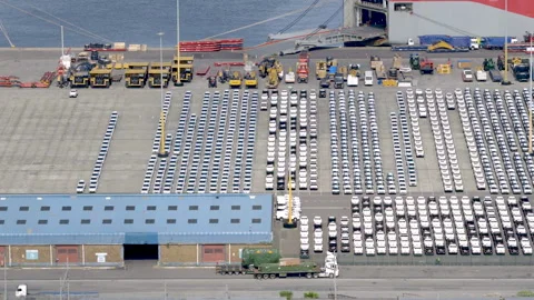 Drone view of vehicles stored at Durban Harbour 스톡 동영상 340562793