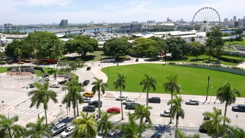 Drone view of the vibrant Bayfront Park in Miami Downtown with Port and Video stock 247260530