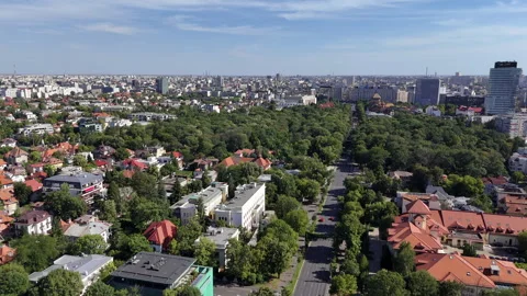 Drone view of Victoriei Square and city skyline, Bucharest Stock Footage 320940796