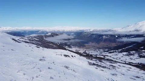 Drone View of Vik i Sogn, Norway from a snow covered Vikafjell. Stock Footage 234512498