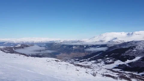 Drone View of Vik i Sogn, Norway from a snow covered Vikafjell. Stock Footage 234513467