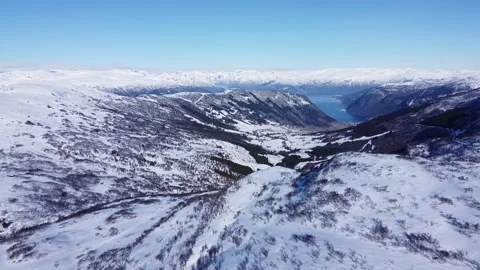 Drone View of Vik i Sogn, Norway from a snow covered Vikafjell. Stock Footage 234515558