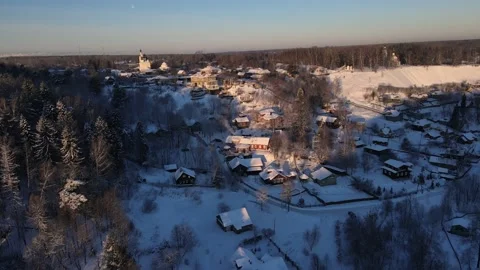 Drone view of the village in winter. Russian Village Stock Footage 236013122