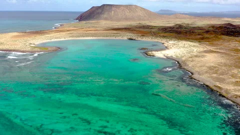 Drone view of volcanic Lobos Island. Stock Footage 285357239