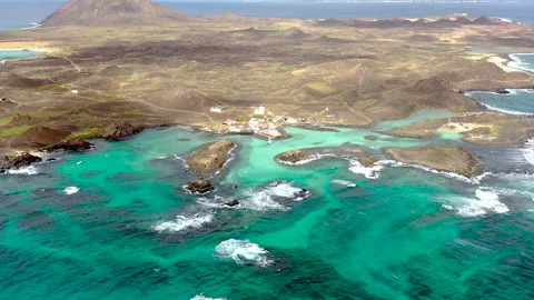 Drone view of volcanic Lobos Island. Stock Footage 285357574