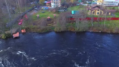 Drone view of Vuoksi River and settlement Stock Footage 140599124