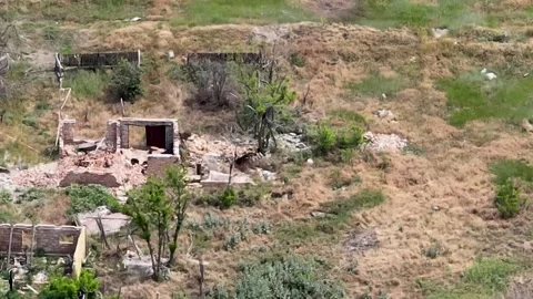 Drone View: War Damage to Farms and Houses in Rural Ukraine Stockbeeldmateriaal 332354733