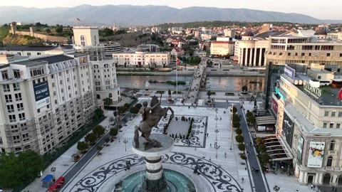 Drone View of Warrior on a Horse Statue in Macedonia Square Skopje, 4K Stock Footage 337175725
