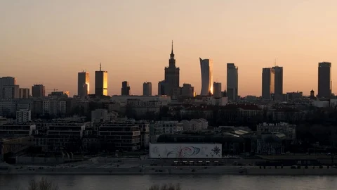 Drone view of Warsaw during sunset Stock Footage 89632734